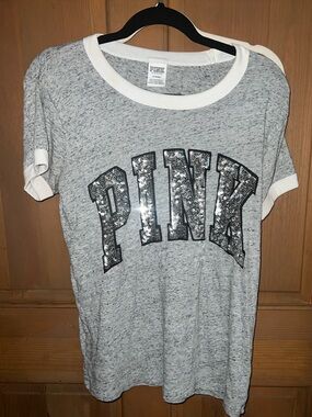 PINK Victoria's Secret Gray Heather Crewneck Tee with White Trim and Sequin Logo